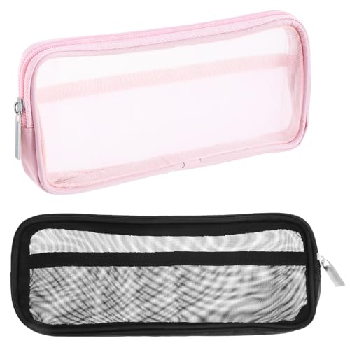 Image of 2pcs Mesh Pencil Case, Grid Pencil Pouch with Zipper Portable Pen Bag Multi-Purpose Stationery Bag Makeup Brush Bag Transparent Organizer Box for Office