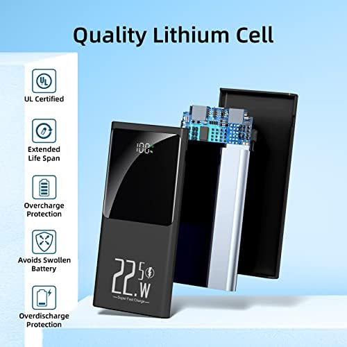 Portable Charger 10000mAh, Power Bank 22.5W Fast Charge, Slim Battery Backup with USB C in/Out, LCD Display External Battery Pack for iPhone 16 15 14 13 12, Samsung, Google, Android etc