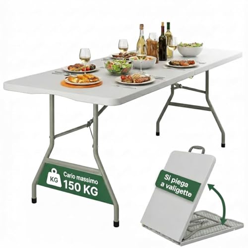 Tavolo Pieghevole SalvaSpazio, MISURA: 180x74 cm in HDPE, Struttura in Acciaio - Tavolo Richiudibile a Valigia, 6 o Più Persone, Portatile con Maniglia, Antiscivolo, Per Cucina e Giardino, BIANCO