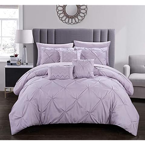 Chic Home Hannah 10 Piece Comforter Set Complete Bed in A Bag Pinch Pleated Ruffled Pintuck Bedding with Sheet Set and Decorative Pillows Shams Included, Queen Lavender Cover