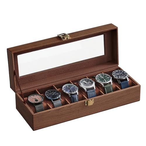 Image of SONGMICS Watch Box with 6 Slots, Watch Box, Glass Lid, Removable Pads, Metal Lock, Brown Coating and Brown Lining JWB006K01 | With Removable Cushions, 30 x 11 x 8 cm, Coffee Brown, BRIDIE Collection JWB006K01