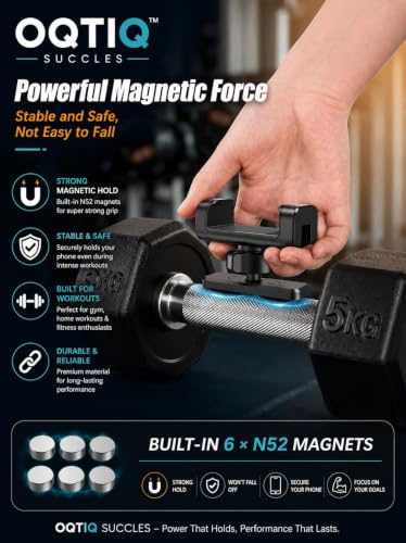 Image of OQTIQ SUCGLES Gym Magnetic Phone Holder, 360 Adjustable Strong Magnetic Mobile Mount, Tripod & Fill Light Compatible, Universal Workout Phone Holder for Gym Equipment, Fitness & All Smartphones