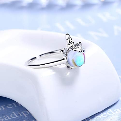 QIAMNI Cute Moonstone Unicorn Horse Mood Rings for Women Girls Kids 925 Silver Adjustable Size Ring Birthday Festival Gift Jewelry