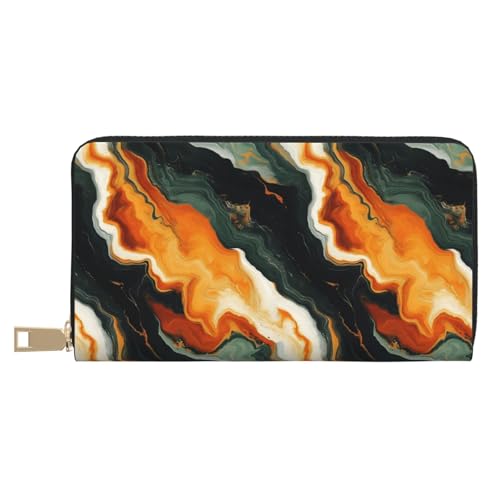 Leather Thin Slim Wallets for Women & Men - Orange-Green Marble Print Card Wallet Holder with Zipper