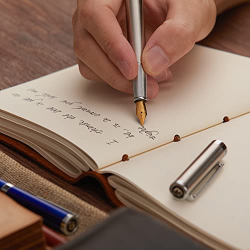 Beiluner Luxury Fountain Pen Set,Solid 24K Gilded Extra Fine Nib, Silver Stainless Steel Body- Includes 6 Ink Cartridges & Ink Refill Converter With Gift Case - Perfect For Men And Women #TOP6