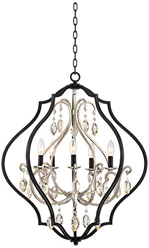 Possini Euro Design Clara Black Antique Silver Ornate Cage Pendant Chandelier 27" Wide Amber Crystal 5-Light Fixture For Dining Room House Foyer Kitchen Island Entryway Bedroom Living Room #TOP1