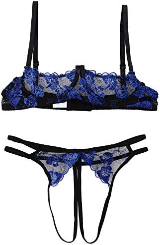 Kaerm Woman's See Through Sheer Lace Lingerie Set 1/4 Cups Underwired Push Up Bra Top with G-String Briefs