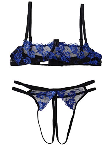 Kaerm Woman's See Through Sheer Lace Lingerie Set 1/4 Cups Underwired Push Up Bra Top with G-String Briefs