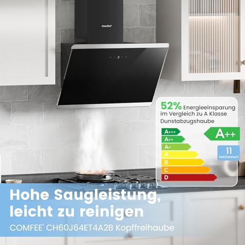 COMFEE' CH60J64ET4A2B A++ Dunstabzugshaube 60 cm, Kopffreihaube 60cm Umluft und Abluft, 380m³/h Luftstrom, Edelstahl/Glas Design mit Touchscreen, LED, Abzugshaube inkl. Kohlefilter, Schwarz