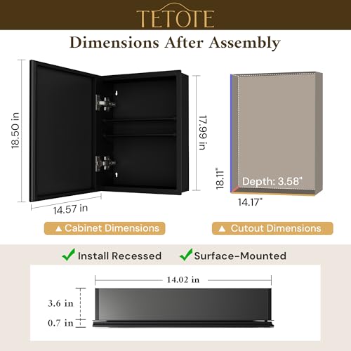 TETOTE 14 x 18 Medicine Cabinet with Tempered Beveled Mirror Black Aluminum Cabinet DTC Hinges, 2 Stepless Adjustable Shelves, Recessed/Surface-Mounted by TETOTE - Used condition - Image 2
