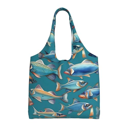 Sac fourre-tout en toile poisson océan noir avec coutures renforcées et grand format 36x32