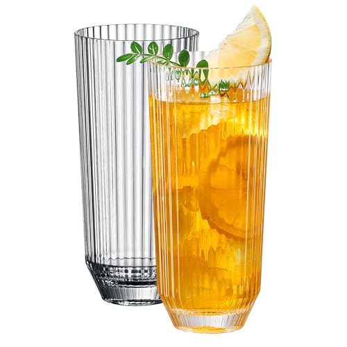Khen Plastic Acrylic Ribbed Drinking Glasses – Set of 2 Clear 11.8oz Tritan Tumblers, European Style Shatterproof Drinkware – Durable, BPA-Free, Dishwasher Safe, Stackable & Unbreakable Plastic Cups