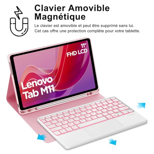 Teclado para Lenovo Tab M11 con panel táctil y funda retroiluminada rosa 5