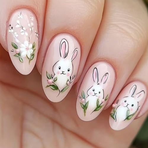 24Pcs Easter Press on Nails Short Oval Fake Nails with 3D Bunny F...