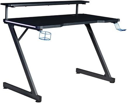 Aon Series 48" LED Gaming Computer Desk with Riser Shelf, USB Charging Port, Cup Holder & Headphone Hook – Carbon Fiber Black