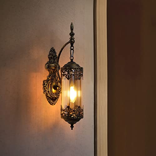 Image of Vintage Wall Sconce with Amber Glass, Rustic Black Brushed Gold Farmhouse Wall Light Fixture, Antique Gothic Decorative Metal Wall Lamp for Hallway, Bedroom, Living Room, Entryway