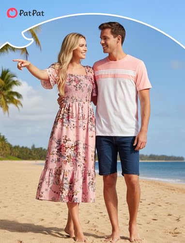 Image of PATPAT Family Matching Outfits Mommy and Me Dresses Floral Dress & T-Shirts | Mommy and Me Easter Dresses, Puff Sleeve Floral Sundress, Cotton Blend T-shirts, Couples Party Wedding Vacation Outfits