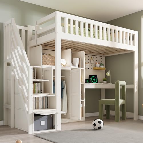 Xwiny Hochbett 90x200 cm mit USB/USB‑C Anschlüsse und Treppe Stauraum, Kinderbett mit Schreibtisch und Kleiderschrank, Stauraumbett mit Offenes Regal und Lattenrost, Weiß-B(Ohne Matratze)
