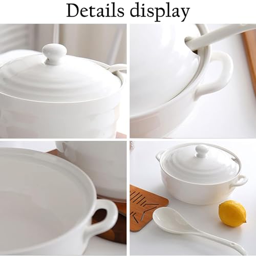 Hgjgwqh Ceramic Soup Tureen with Lid White Porcelain Serving Soup Tureen Ceramic Round Tureen Ceramic Bowl for Restaurant Home Kitchen Decoration Microwave and Dishwasher Safe,Ceramic lid 1.2l