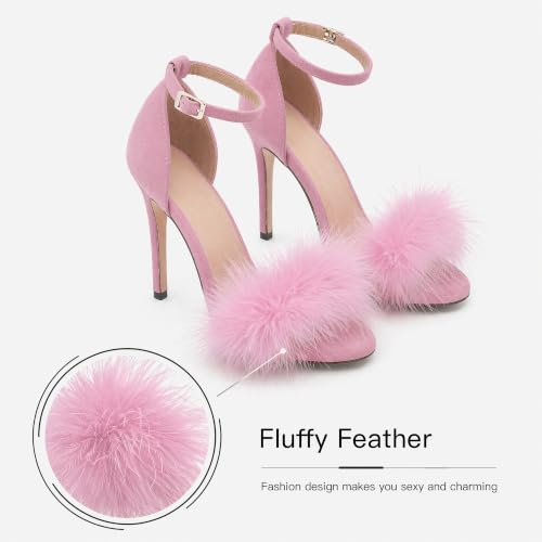 Image of Women's Sexy Heeled Sandals Fluffy Feather Open Toe Stiletto High Heels | Ankle Strap Buckle Shoes for the Bedroom Wedding Party Dance Evening Date Night Lingerie Cocktail Club Fuzzy Faux Fur
