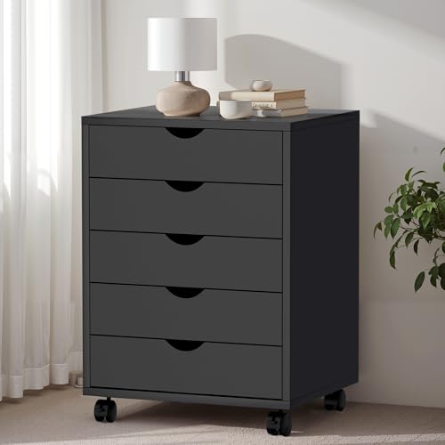 Image of 5-Drawer Chest, Office Storage Dresser File Cabinet with Wheels, Mobile Dresser for Home Office, Black