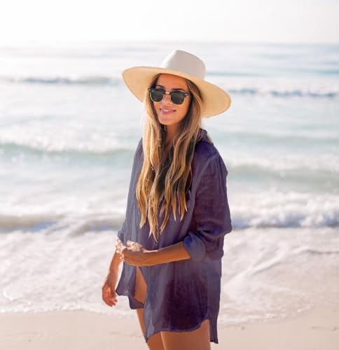 Image of Zoye Chen Women's Bikini Swimsuit Cover Up Button Down V Neck Shirts Long Sleeve Blouse Beachwear Bathing Suit