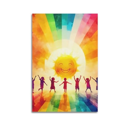 ZlXXYZ Posters sur toile pour décoration murale moderne de bureau familial – Silhouettes d'enfants arc-en-ciel et soleil arc-en-ciel 30 x 45 cm