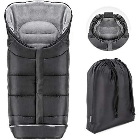 Zamboo Winter-Fußsack für Kinderwagen, Sportwagen & Buggy mit Anti-Rutschschutz, weicher Deluxe-Thermo-Fleece, Mumien-Kapuze, Reflektorstreifen & Tasche - Schwarz Grau Cover