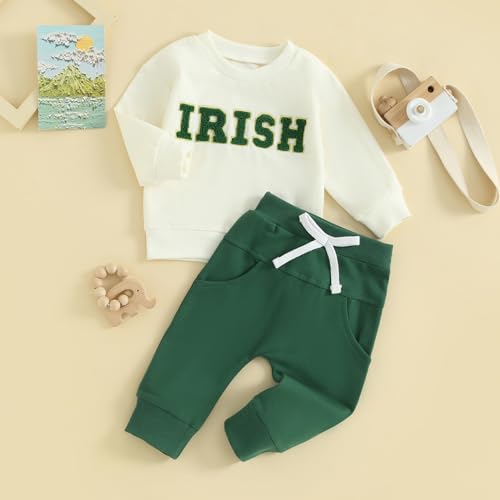 SAYOO Toddler Baby Boy St Patricks Day Outfit Lucky Irish Shamrock Embroidery Sweatshirt Top Long Sweatpants 2Pcs Clothes2
