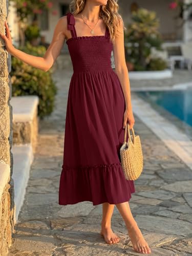 Image of Imily Bela Womens Summer Floral Maxi Dress Boho Tie Strap Sleeveless Smocked A Line Beach Sundress Long Dresses