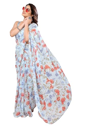 Image of ROOP SUNDARI SAREES Readymade Pleated Pre Drape Stitched Floral Printed Georgette Saree For Women's With Lace Border & Blouse(Ready To Wear One Minute)