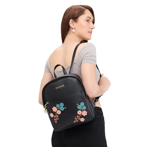 Image of Caprese Erica Casual Backpack, Medium | Floral Embroidered Backpack for Women with Adjustable Shoulder Strap & Secure Zip Closure | Spacious, Versatile for Everyday Outings and Travel