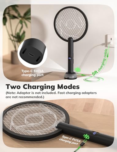 Image of YISSVIC Electric Fly Swatter Bug Zapper Racket LED Screen (Black) | Dual Modes Fly Zapper Not Removable for Indoor Home Office Backyard Patio Camping