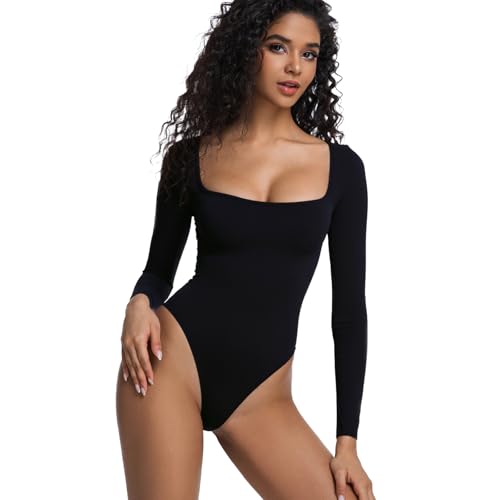 Yuiseaik Women's Square Neck Long Sleeve Bodysuit, Slim Fit One-Piece Top, Black White Beige (Black, XL)