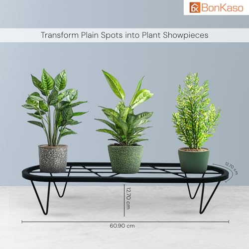 Image of BonKaso Heavy Duty Stadium Plant Stand: 60.9X 22.5 x 12.7 cm, Black - Set of 4, Modern Design for Indoor & Outdoor Use, Sturdy, Anti-Rust Planter Stand for Garden, Balcony, Patio
