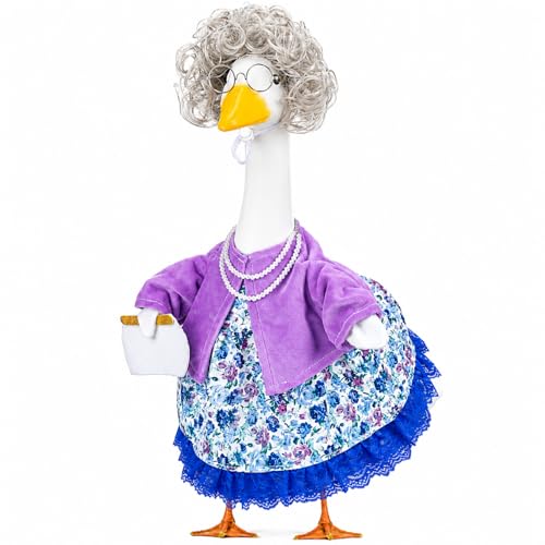 Abbylike Old Lady Porch Goose Outfits Grandma Goose Clothes with Sunglasses Pearl Necklace and Silver Wig for 23" Geese Statue Outdoor Patio Yard Lawn Decoration
