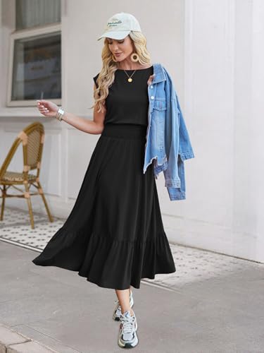 Image of Kikibell Womens Summer Dresses Cap Sleeve Elastic Waist Midi Dress with Pocket Long Causal Sundress Beach Vacation Outfits