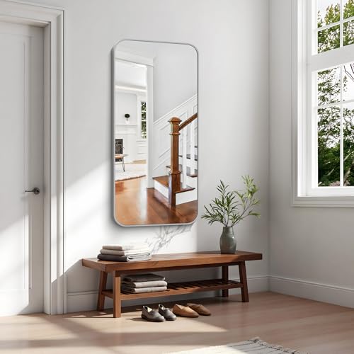 Image of KOCUUY Silver Bathroom Mirror, 24x48 Inch Bathroom Mirror for Over Sink, HD Tempered Glass, Anti-Rust Brushed Silver Frame, Rounded Corner Modern Design for Bathroom, Hang Horizontal /Vertical
