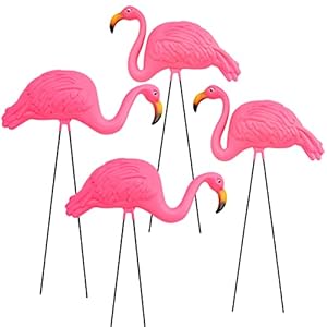 GiftExpress Pink Flamingos Yard Decorations – 4 Pack Extra Large 24″ Tall Plastic Flamingo Statue w/Metal Stakes – Lawn Ornaments & Garden Decor for Outdoor Parties
