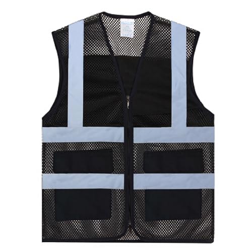 TopTie Asian kamizelka bezpieczeństwa unisex z widocznej siatki z kieszeniami, wielokolorowa, do aktywności zespołowej, Slim Fit-Black-3XL