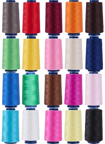 CREAWONDER - 20 Rolls Larger Sewing Machine Threads, 3000 Yards Each Roll 20 Colors Serger Thread Cones White Black Sewing Thread Spools 20 Pack