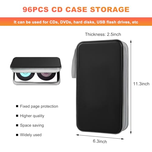 ZNDAW Car DVD Case, 96 Capacity CD Case Organizer Portable Hard Plastic DVD Storage Holder, CD Disc Storage Wallet Organizer for Vehicle Home Office Travel, Car Accessories (Black) - Thumbnail 2