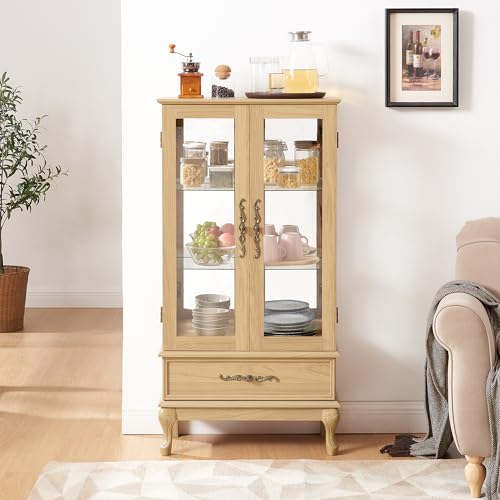 Image of 51 inch H Lighted Curio Cabinet Display Case, Glass Curio Cabinet with Adjustable Shelves,Tempered Glass Door and Drawer, Wooden Cabinets w /Mirrored Back Pane for Living Room (Light Oak)