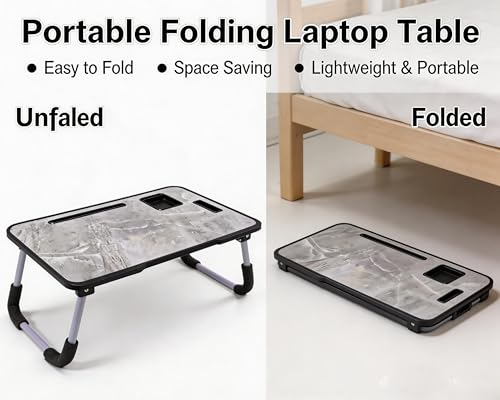 Image of SPHENI Smart Multipurpose Foldable Laptop Table with Cup Holder, Study Table, Bed Table, Breakfast Table, Foldable and Portable /Ergonomic & Rounded Edges /Non-Slip Legs (AUS MARBLE NEW)