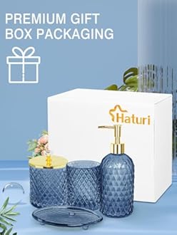 Blue Bathroom Accessories Set, 4Pcs Glass Bathroom Accessory Set Complete w/Lotion Soap Dispenser, Toothbrush Holder, Qtip Holder, Soap Dish, Gold Bathroom Decor Sets, Gift for Home Apartment