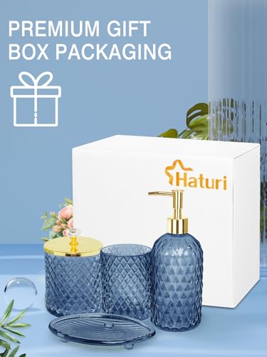 Blue Bathroom Accessories Set, 4Pcs Glass Bathroom Accessory Set Complete w/Lotion Soap Dispenser, Toothbrush Holder, Qtip Holder, Soap Dish, Gold Bathroom Decor Sets, Gift for Home Apartment