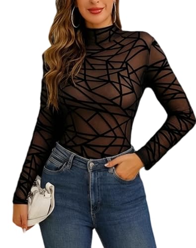 Image of Aranmei Women Sexy Sheer Floral Lace Bodysuit Long Sleeve Teddy Lingerie, M, Black Striped