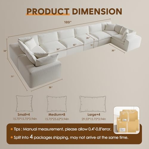 Image of 189 inch Boneless Cloud Couch, Modular Sectional Couches for Living Room, U Shaped with Deep Seats, No Assembly Required, 8 Seater Washable Fabric Sleeper Sofa, White