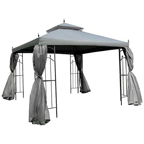 10' x 10' Patio Gazebo with Corner Frame Shelves, Double Roof Outdoor Gazebo Canopy Shelter with Netting, for Patio, Wedding, Catering & Events, Gray