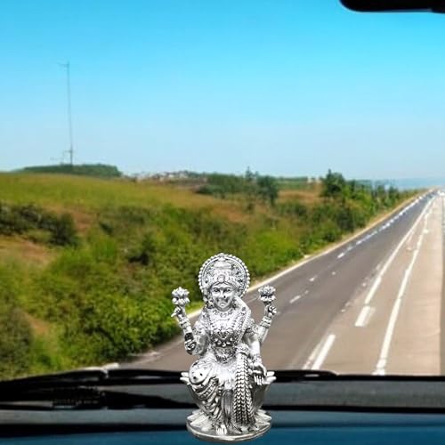 Image of Goddess Lakshmi Laxmi Devi MATA Idol - 4.5 Inches Polystone Material Murti - Colour- Brass, Silver - Perfect Statue for Car Dashboard, Home, and Office Decor Indian God Small Size (Silver)